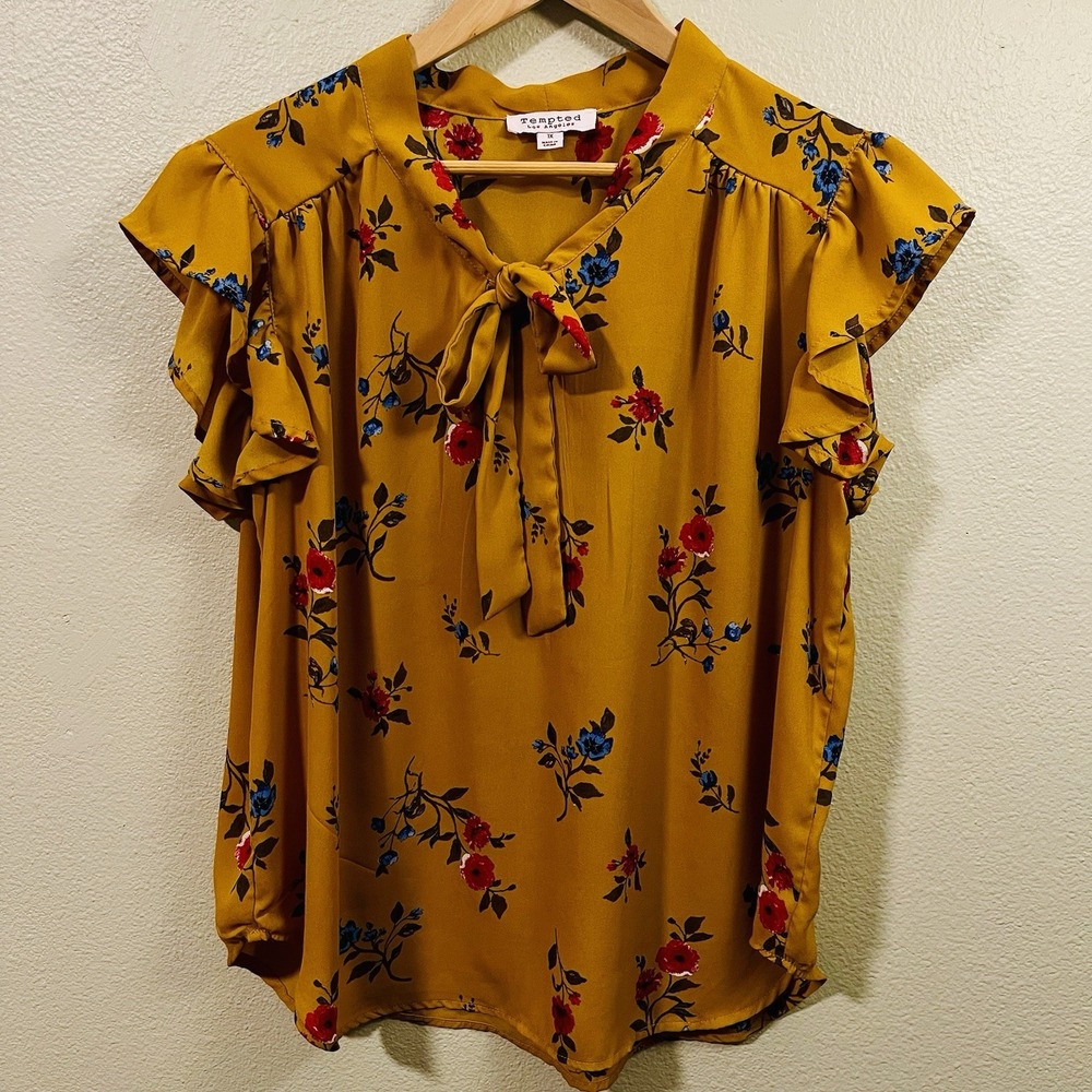 Tempted Floral Top With Bow Flutter Sleeves Mustard Yellow Fall Dressy Size 1X‎